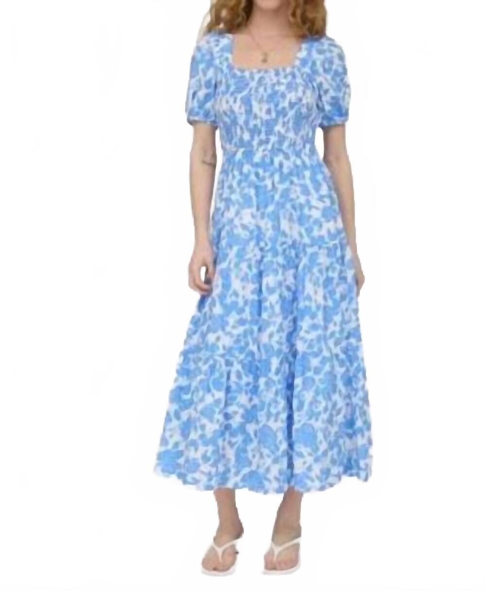 NEW AUGUST SKY floral puff sleeve smocked tiered midi dress in dried blue